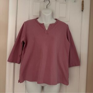 LL Bean Women's Large Petite (LP) Pink 3/4 Sleeve Split Neck Cotton Tunic Tee